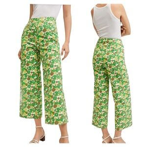 Mango MNG Green Floral Wide Leg Pants Retro 70s Style Size 8 High Waisted